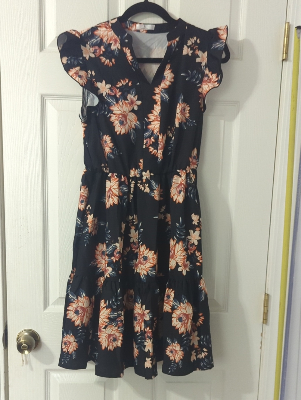 Floral V-Neck Tiered Midi Dress - Black with Peach Floral